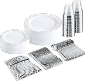 Bucla 744110536980 150-piece Silver Disposable Dinnerware Set - White Plastic Plates With Sil