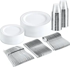Bucla 744110536980 150-piece Silver Disposable Dinnerware Set - White Plastic Plates With Sil