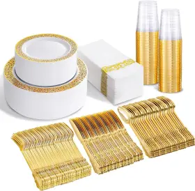 Bucla 778601613805 350pcs Gold Durable Disposable Plastic Dinnerware Set For 50 Guests