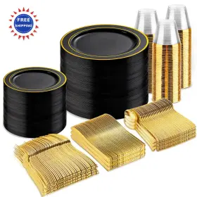 Et31 Bucla Et31/33 Disposable Dinnerware Set 600pcs Black Gold Plates Cutlery Party Supplies