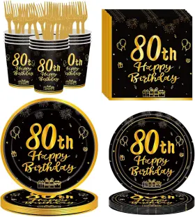 Buey 313038353308 120pcs 80th Birthday Party Supplies Plates Napkins Cups Forks Tableware Set Gold