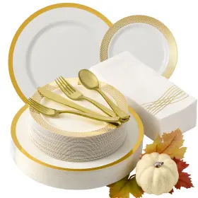 By Madee 850012307105 Heavyweight 175 Pc Thanksgiving Plastic Plates Set White And Gold P