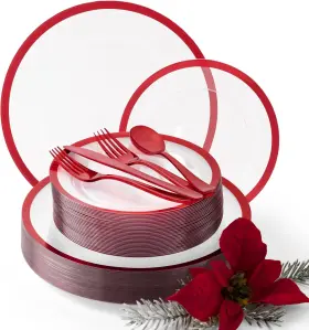 B08ftcq23s By Madee Heavyweight 150 Pc Christmas Plastic Plates And Cutlery Clear Red