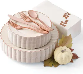 B08jm6qtxn By Madee Heavyweight 175 Pc Thanksgiving Plastic 25 Guests Ivory Rose Gold