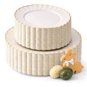 By Madee B0cr6z9tpy Heavyweight Plastic Plates 100 Pc Ivory And Gold Party 50 Dinner Dessert