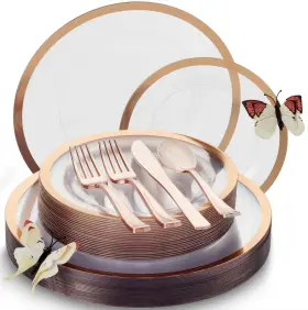 Qwq1380 By Madee Heavyweight 150 Pc Clear Rose Gold Party Plates And Utensils Set F