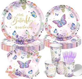 Cancj 756190194141 Butterfly Birthday Party Supplies 120 Pcs Disposable Tableware Set Wi