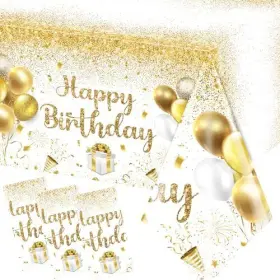 Canydoo 717025630609 Happy Tablecloths Gold And White Party Decorations 3pcs Confetti Birthday