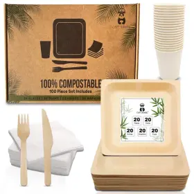 Capt. Bambu 731722705842 Birchwood Wooden Leaf Plates Bamboo Disposable Compostable Cups Cu