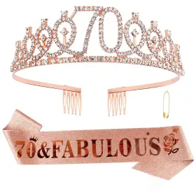 Ag-16 Casoty Rose Gold 70th Birthday Sash And Tiara For Women 70 Fabulous