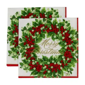 Caspari 025096963367 Holly Berry Wreath Merry Christmas Paper Cocktail Napkins 2 Packs Of 20