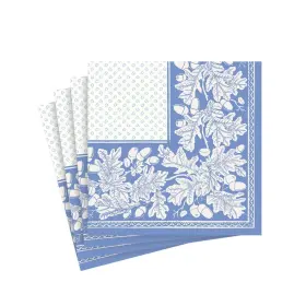 Caspari 025096964203 Oak Leaves And Acorns Paper Linen Cocktail Napkins In French Blue White - 15