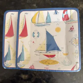 10010sp Caspari 16 Square Paper Salad/dessert Plate Ship To Shore Sailboat 2 Pks-8 Nip