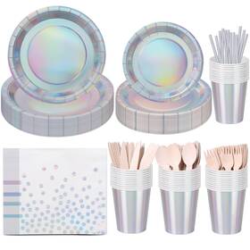 Ceiliwen 782003234735 200pcs Iridescent Party Decorations Supplies Paper Plates And Napkins Set I