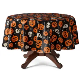Wt41100012600ga Celebrate Halloween Tablecloth Vintage Pumpkins Skulls Peva Vinyl 70 Inch Round Black Orange