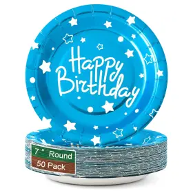 Cenlbj 768420658125 Happy Birthday Party Paper Platesblue Dessert Plates7inch50pcsfoil Polk