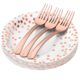 Cenlbj 768469932941 White And Rose Gold Party Paper Plates Forks 50 Count Dot Disposab