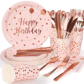 Cheery Land 779683809438 200pcs Pink Birthday Decorations Happy Plates And Napkins Party Sup