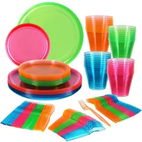 Chefa Usa 601547367948 128 Piece Neon Party Supplies Set Disposable And Heavy Duty 32 Main Course 9 Inch