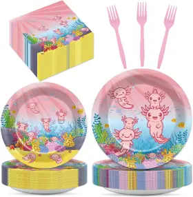Chiazllta 705353393983 200pcs Axolotl Plates And Napkins Party Decorations Reptile Animals Tableware Se