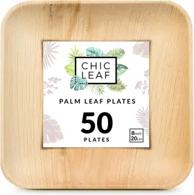 Chic Leaf 705353296833 Disposable Palm Plates - 50 Count 8 Inch Square Natural Bamboo Pl