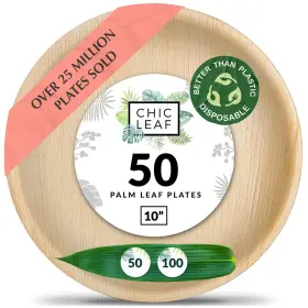 Chic Leaf 850020331260 Palm Plates Like Disposable Bamboo 10 Inch Round 50 Pc - 100% C