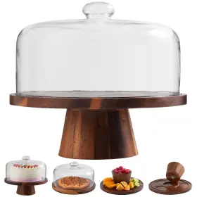 Chilkukuie 797689561990 Acacia Wood Cake Stand With Glass Lid 12 Inch Magnetic Base Brown
