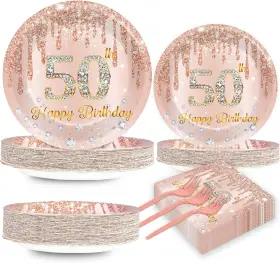 Chunnin 313098213222 200 Pcs Happy 50th Birthday Party Plates Napkins Pink Rose Gold Tableware Set Fo