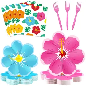 Cn0113 Chunnin 96 Pcs Hawaiian Luau Party Supplies Plates And Napkins Summer Hibisc