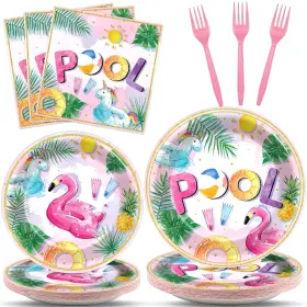 Cn0130 Chunnin 96 Pcs Pink Pool Birthday Tableware Set For Summer Beach Ball Theme Party F