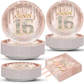 Cn0202 Chunnin 200 Pcs Rose Gold Sweet 16 Party Plates Napkins Pink Tableware Set