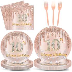 Chunnin Cn0250 96 Pcs Rose Gold 10th Birthday Party Plates And Napkins For Girls P