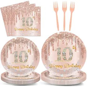 Cn0250 Chunnin 96 Pcs Rose Gold 10th Birthday Party Plates And Napkins For Girls P