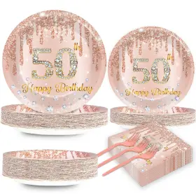Cn0312 Chunnin 200 Pcs Happy 50th Birthday Party Plates Napkins Pink Rose 9 Inches