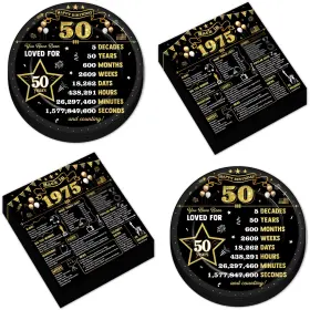 Cn0957 Chunnin 50pcs Black Gold 50th Birthday Party Plates And Napkins Boys Back In 1975 Par