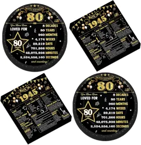 Cn1218 Chunnin 50 Pcs Black Gold 80th Birthday Party Paper Plates And Napkins Medium
