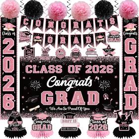 Chyagclt Decorations-12-3-3 Pink Graduation Decorations 2026 Glitter Class Of Congrats Grad Banner