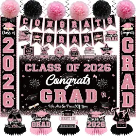 Decorations-12-3-3 Chyagclt Pink Graduation Decorations 2026 Glitter Class Of Congrats Grad Banner