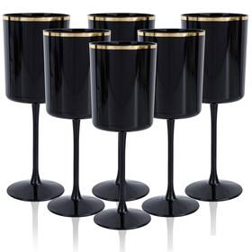 Ciaell Ec25 12 Pack 10 Oz Black Plastic Wine Glasses With Stem - And Gold Disposabl