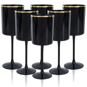 Ec25 Ciaell 12 Pack 10 Oz Black Plastic Wine Glasses With Stem - And Gold Disposabl