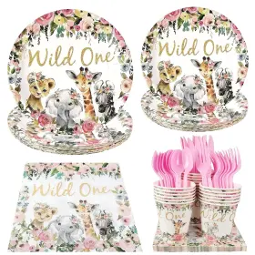 Cieovo 365541286668 Wild One Animal Party Supplies - Serves 20 Guest Includes Plates Spoons