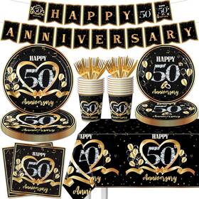 Cmusko 717025622024 50th Anniversary Decorations Tableware Set 142pcs Black Gold Plates Napkins