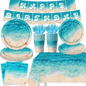 Cmusko 717225013998 Beach Party Supplies 142pcs Ocean Waves Birthday Tableware Set