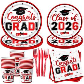Cmusko 717504707396 Red And Black Graduation Decorations Dinnerware Set Class Of 2026 Graduation