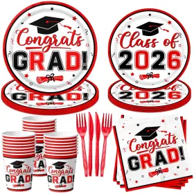 Cmusko 717504707396 Red And Black Graduation Decorations Dinnerware Set Class Of 2026