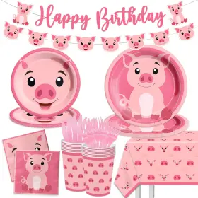Cmusko 772093975281 Pig Birthday Decorations143pcs Farm Animal Tableware Set Kids Pink Them