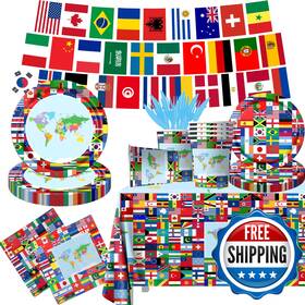Cmusko B0cfz9v4qf World Flags Party Supplies Tableware Set - 142 Pcs International Decorations
