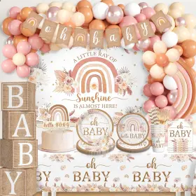 Cocomigo-00125 Cocomigo 246 Pcs Boho Baby Shower Decorations Oh Banner Balloon Arch Paper Plates