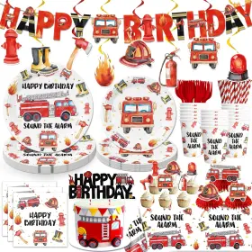 Cocomigo24-00105 Cocomigo 177pcs Firetruck Birthday Decorations Include Fire Truck Plates And Napkins S