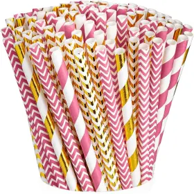 Comfy Package 850002902860 200 Pack Hot Pink And Gold Paper Straws Disposable 100% Biodeg